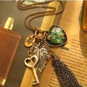 Love Lock Peacock Heart key Tassle Pendant Necklace Antique Bronze Silver